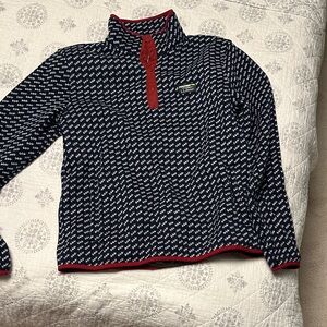 L.L. Bean Navy Blue and Red Patterned Quarter-Zip Pullover
